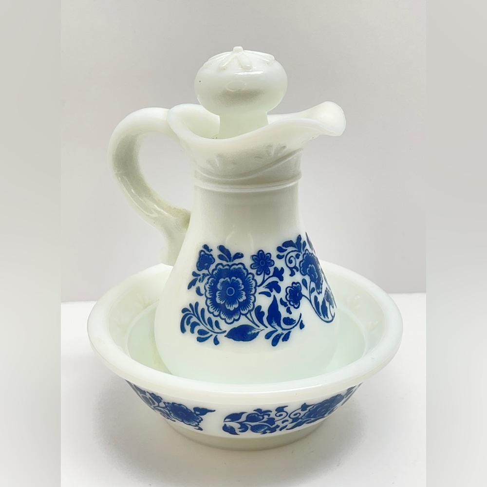 Vintage Avon Delft Blue White Pitcher Bowl Milk Glass Flowers Bath Oil 1970s